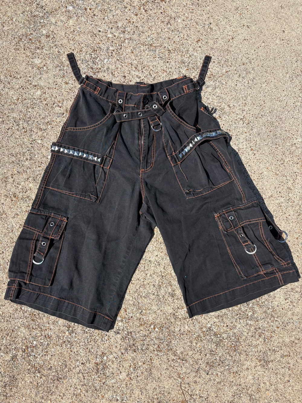 Vintage Tripp NYC Goth Black and Orange Utility Cargo Shorts with Studded Trim.